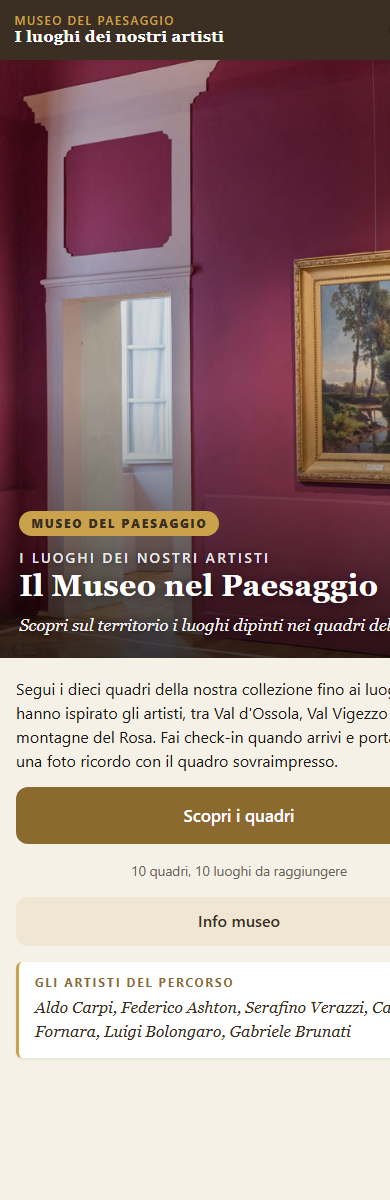 Schermata di copertina della web app: hero, presentazione del percorso e invito a scoprire le opere