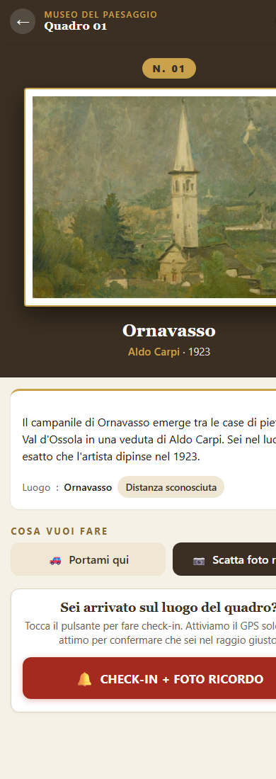 Scheda opera con miniatura, descrizione, navigazione e check-in GPS